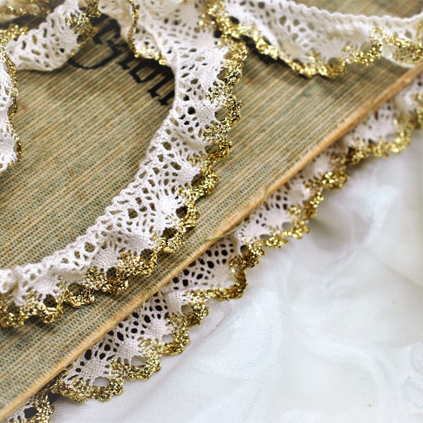 Cream Crochet Ruffle Stretch Lace Trim with Gold Sparkle Edging 7/8", Doll Lace, Art Journal Scrapbooking Lace Trim, Arts & Crafts Lace Trim