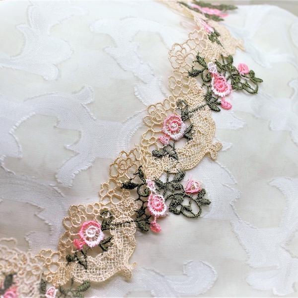 Hollow Floral Embroidery Lace Trim, Cream Coral Pink Green Lace, Shabby Chic Lace, Victorian Lace, Applique Lace Trim, Scrapbook Lace