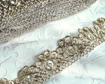 Metallic Gold Floral Lace Trim: Iridescent Boho Sari, Art Nouveau