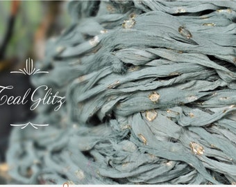 Chiffon Sari Silk Ribbon Yarn, Pale Teal Bluegreen Metallic Polka Dot Print, Glitter Chiffon, Metallic Crafting Ribbon, 3 or 5 Yards