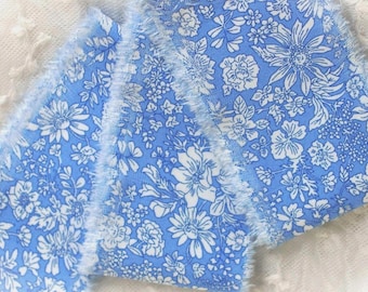 Hand Torn White Flowers on Blue Fabric Strips 2"