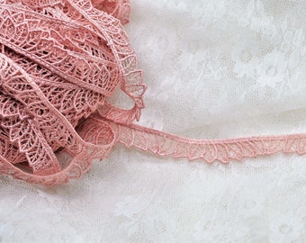 Dainty Hollow Coral Pink Floral Leaf Embroidered Lace Trim 1/2", Shabby Chic, Lace, Doll Trim, Scrapbook Junk Journal Lace