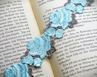 Pale Aqua, White, Brown Flower Applique Venice Venise Lace Trim, Scrapbooking Junk Journal Trim, Doll Trim, Flower Lace Trim,