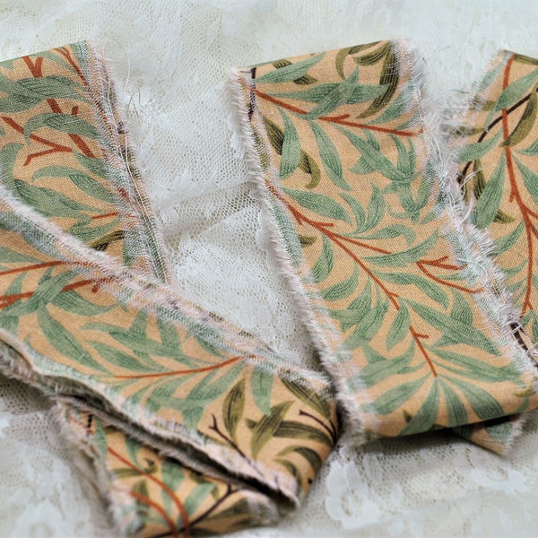 Handmade Hand Torn Cotton Fabric Strips  Botanical Leaf Branch Turquoise Green, Journal, Scrapbooking, Snippet Cluster Tassel Supply