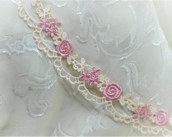 Pink & Cream Floral Rose Embroidered Swag Lace Trim, Doll Trim, Scrapbook Junk Journal Lace Trim. Decorative Trim