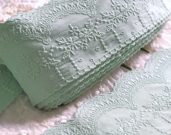 Sage Green Cotton Eyelet Floral Embroidered Scalloped Edge Lace Trim 3"