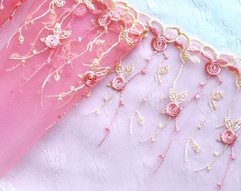 Pink & Cream Flower Floral Embroidered Scalloped Wide Net Lace Trim 8", Scrapbooking Journal Trim, Decorative, Mixed Media Supply