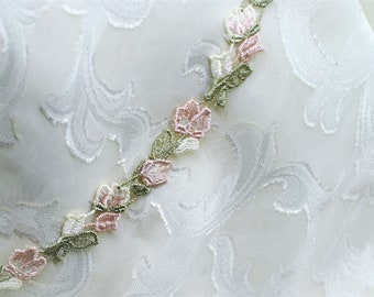 Cream Pink Green Venice Petite Decorative Narrow Floral Trim, Doll Trim, Scrapbooking Art Journal Trim, Slow Stitching, Crazy Quilting