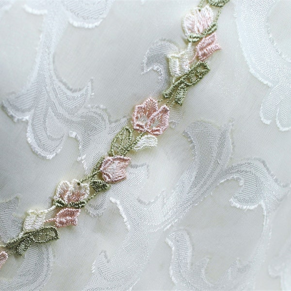 Cream Pink Green Venice Petite Decorative Narrow Floral Trim, Doll Trim, Scrapbooking Art Journal Trim, Slow Stitching, Crazy Quilting