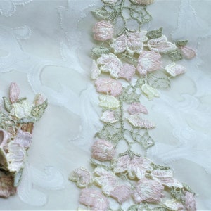 Beautiful! Floral  Pale Cream Pink & Sage Green Vine Venice Lace Applique Trim, Shabby Chic, Applique, Scrapbooking Lace, Art Journal