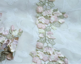 Beautiful! Floral  Pale Cream Pink & Sage Green Vine Venice Lace Applique Trim, Shabby Chic, Applique, Scrapbooking Lace, Art Journal