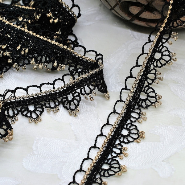 Black and Gold Swag Lace Hallow Trim 1", Lace Ephemera, Doll Lace, Scrapbooking Journal Lace Trim, Boho Gypsy Shabby Chic Lace Trim