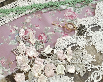 Cream n Mauve Bundle Assortment of 6: Lace Trims, Torn Fabric, Flower Applique, Charm Dangle  Embellishments
