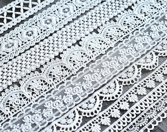 White Bundle Assortment Embroidered Lace Grab Bag, Slow Stitching Scrapbook Junk Journal Mixed Media Crafting Lace Embellishment  Supply