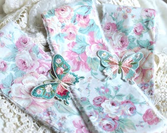 Hand Torn Vintage Floral on Light Cream Cotton Fabric Strips 3"/Optional Embroidered Butterfly