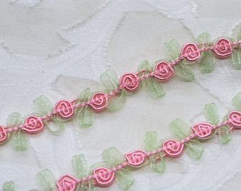 Pink and Green Dainty Rococo Rose Picot Loop Rosebud Flower Ribbon Lace Trim, Scrapbook Journal Trim, Slow Stitching, Doll Trim, Hair Bow