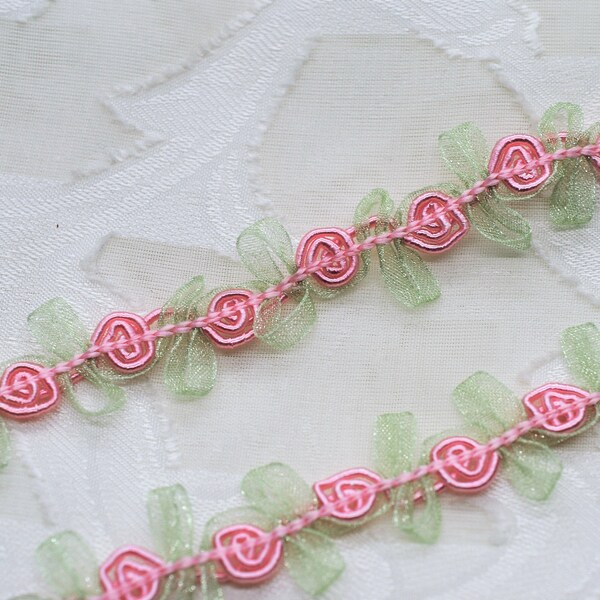 Pink and Green Dainty Rococo Rose Picot Loop Rosebud Flower Ribbon Lace Trim, Scrapbook Journal Trim, Slow Stitching, Doll Trim, Hair Bow