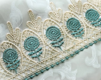 Bluegreen Floral Medallion Embroidered Lace Trim 4", Art Journal Slow Stitching Supply, Edge Decoration