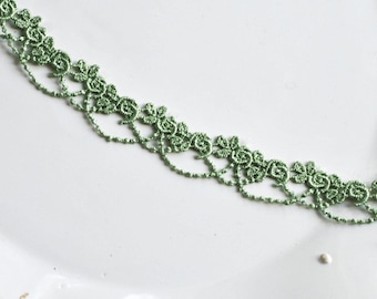 Dainty Delicate Green Floral Rose Swag Lace Trim 3/4", Floral Swag Lace, Doll Trim, Scrapbooking Journal Lace Trim, Decorative Lace