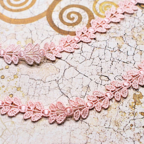 Dainty Leaf Floral Dot Embroidery Light Coral Pink Venice Lace Trim 1/2", Shabby Chic, Lace, Doll Trim, Scrapbook Junk Journal Lace