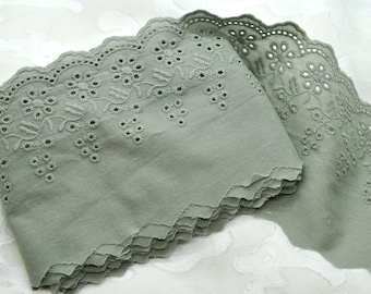 Army Green Cotton Floral Hollow Eyelet Embroidered Scalloped Edge Lace Trim 4 1/8", Doll Trim, Scrapbooking Junk Journal Trim, Decorative