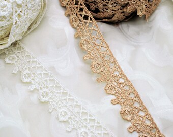 Cream Gold Floral Trellis Hollow Embroidered Lace Trim (1"), Junk Journal Slow Stitch Scrapbooking Trim, Decorative Trim