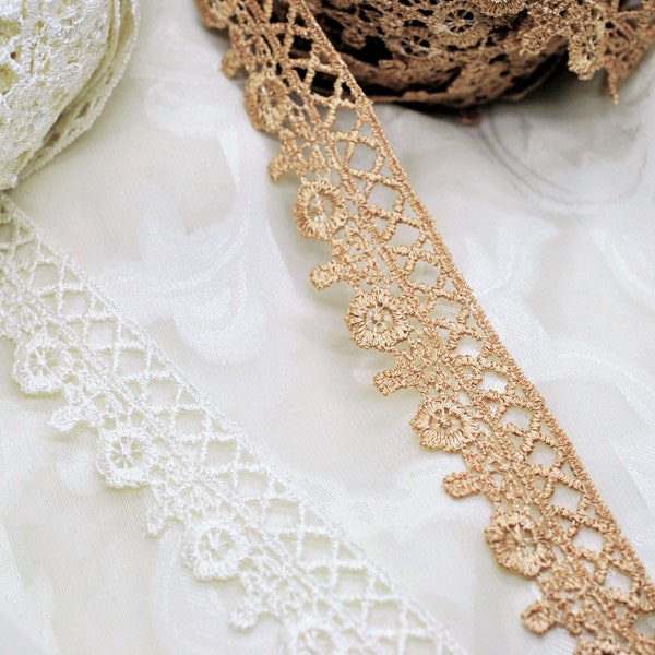 Cream Gold Floral Trellis Hollow Embroidered Lace Trim (1"), Junk Journal Slow Stitch Scrapbooking Trim, Decorative Trim