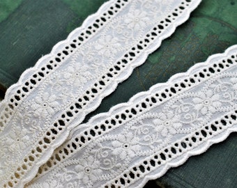 Cream Cotton Floral Eyelet Embroidered Double Scalloped Edge Lace Trim 2", Doll Trim, Scrapbooking Junk Journal Trim