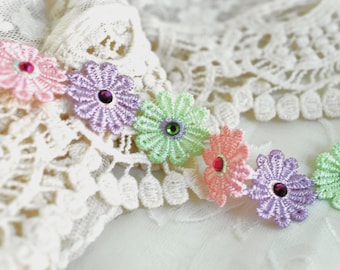 Handmade Rhinestone Flower Embroidered Embellishment Applique 1" in Green Pink Purple Slow Stitch Mending Patch