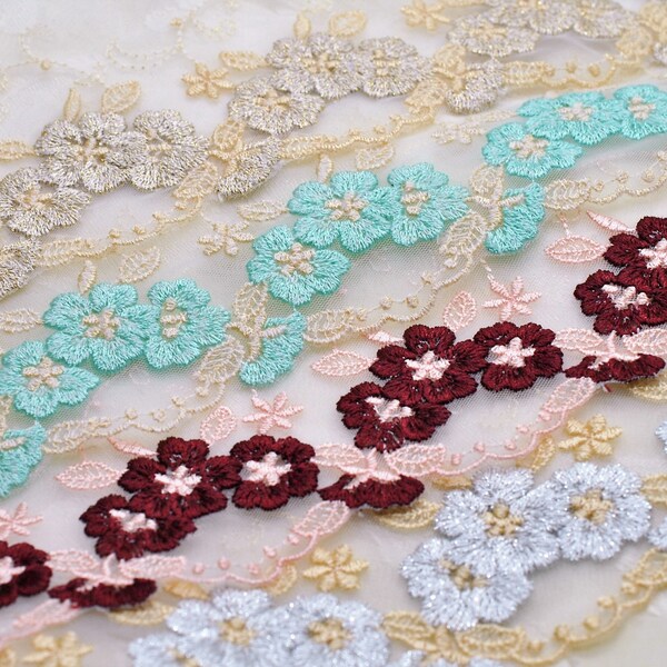 3D Flower Embroidered Lace Floral Trim, Gold Silver Maroon Red Mint Green Dimensional Lace, Doll Lace, Scrapbooking Junk Journal Lace