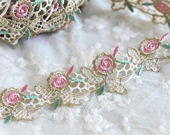 Pink Green Rose Metallic Sparkly Gold Thread Embroidered Floral Flower Decorative Lace Trim 1"