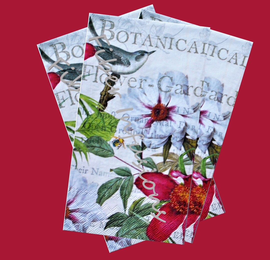 Decoupage Large Paper Napkin, Bird, Botanical Flowers, Vintage Inspired