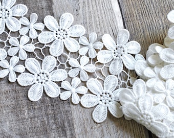 Double White Flower Floral Embroidered Applique Venise Venice Lace Trim 4 1/4"