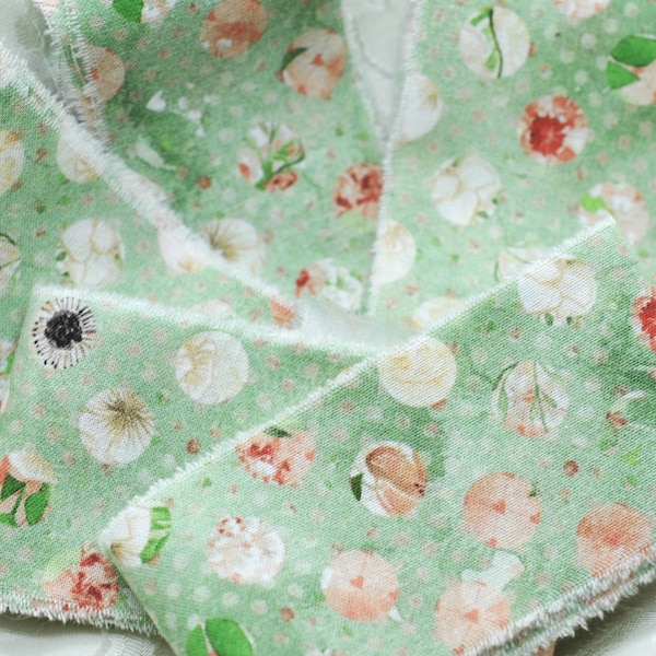 Handmade Hand Torn Cotton Fabric Strips, Peach & Light Green Floral 2", Cottage Shabby Chic, Journal, Scrapbooking, Snippets