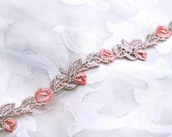 Dainty Khaki and Peach Embroidered Venice Floral Lace Trim 3/4", Journal Scrapbooking Doll Trim