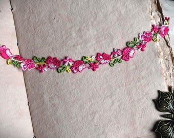 Fuchsia Pink & Green Flower Embroidered Shabby Chic Lace Trim, Fairy  Scrapbooking Junk Journal Supply