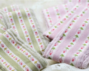 Handmade Hand Torn Cotton Fabric Strips, Dainty Rosebuds n Stripes, Pink Green Cream, Cottage Shabby Chic, Journal, Scrapbooking, Snippets