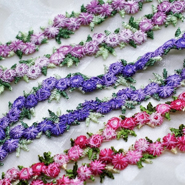 Dainty Cherry Pink, Purple, Violet, Rose Flower Embroidered Lace Trim 3/4", Floral Embroidered Trim, Shabby Chic, Doll Trim