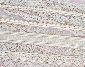 Bundle Assortment of Lovely Textured Cream Lace Trims (10 pcs), Scrapbooking Junk Journal Slow Stitching Embellishments