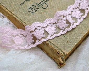 Pink 3D Rose Flower Embroidered Tulle Mesh Lace Trim, Floral Dimensional Mesh Lace, Doll Lace, Scrapbooking Junk Journal Lace. Shabby Chic