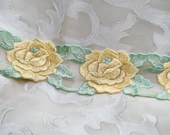 Yellow & Green Rose Embroidered Floral Flower Organza Tulle Double Swag Lace (1 3/4"), Scrapbooking, Art Junk Journal, Decorative Mesh Trim