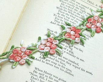 Peach, Green, White Applique Flower Embroidered Lace Trim 1 1/8", Shabby Chic, Lace, Doll Trim, Scrapbooking Junk Journal Supply,