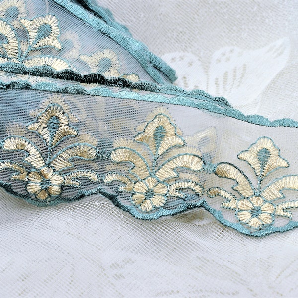 Teal Floral Flower Organza Tulle Swag Lace, Decorative Mesh Embroidery Lace, Scrapbooking Junk Journal Trim, Boho Gypsy Art Nouveau Trim
