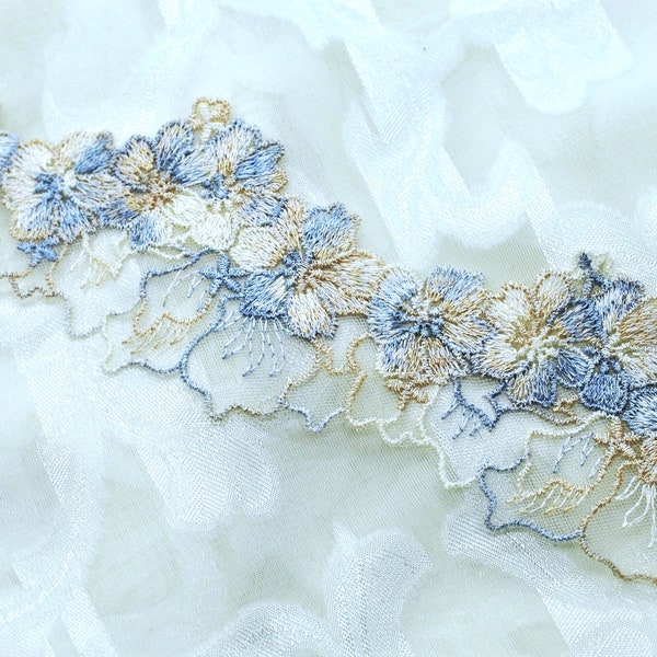 Blue Khaki n White Floral Flower Organza Tulle, Double Swag Lace, Decorative Mesh Embroidery Lace, Scrapbooking Junk Journal Trim