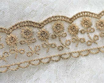 Gold Metallic Embroidered Flower Organza Tulle Mesh Scallop Swag Lace 1 1/2", Vintage Inspired Lace, Scrapbooking Junk Journal Lace Trim