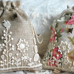 Handmade Burlap Flower Draw String Gift Bag , Gift Favor Candy Goodie Pouch Bag, 3D Embellished Floral Gift Bag, Small Bag 3.5&quot;x5.5&quot;