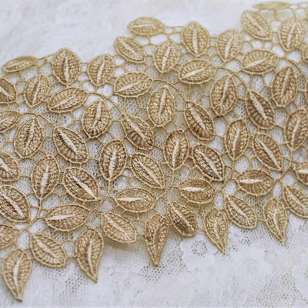 Light Gold Floral Leaf Medallion Hollow Embroidered Lace Trim 4', Art Junk Journal, Slow Stitch, Journal Pocket, Bellyband