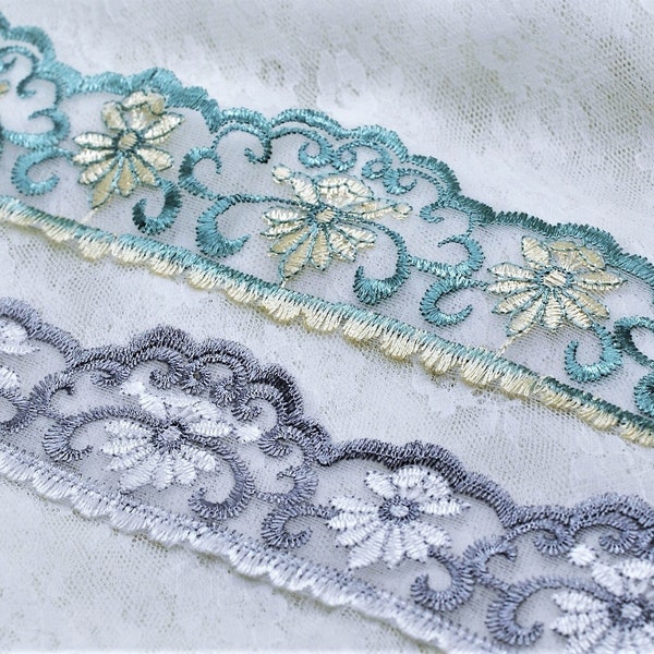 Gray or Teal Floral Flower Organza Tulle Swag Lace, Decorative Mesh Lace, Scrapbooking Junk Journal Trim, Boho Gypsy Art Nouveau Trim