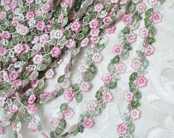 Dainty Pink and Green Ombre Embroidered Flower Lace Trim 3/4"