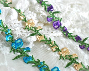 Heavily Embroidered Purple Yellow Turquoise Floral Flower Vine Rosebuds Lace Trim